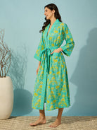 Charming floral blue cotton wrap gown with stylish striped detailing.
