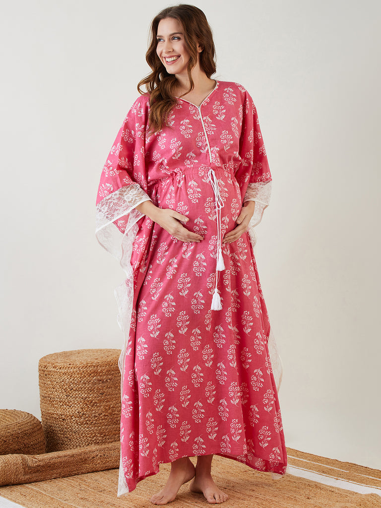 Pink Handblock Nursing Kaftan With Shaped "V" Neckline, Concealed Zipper for Feeding, Lace Given as Style Statement Border