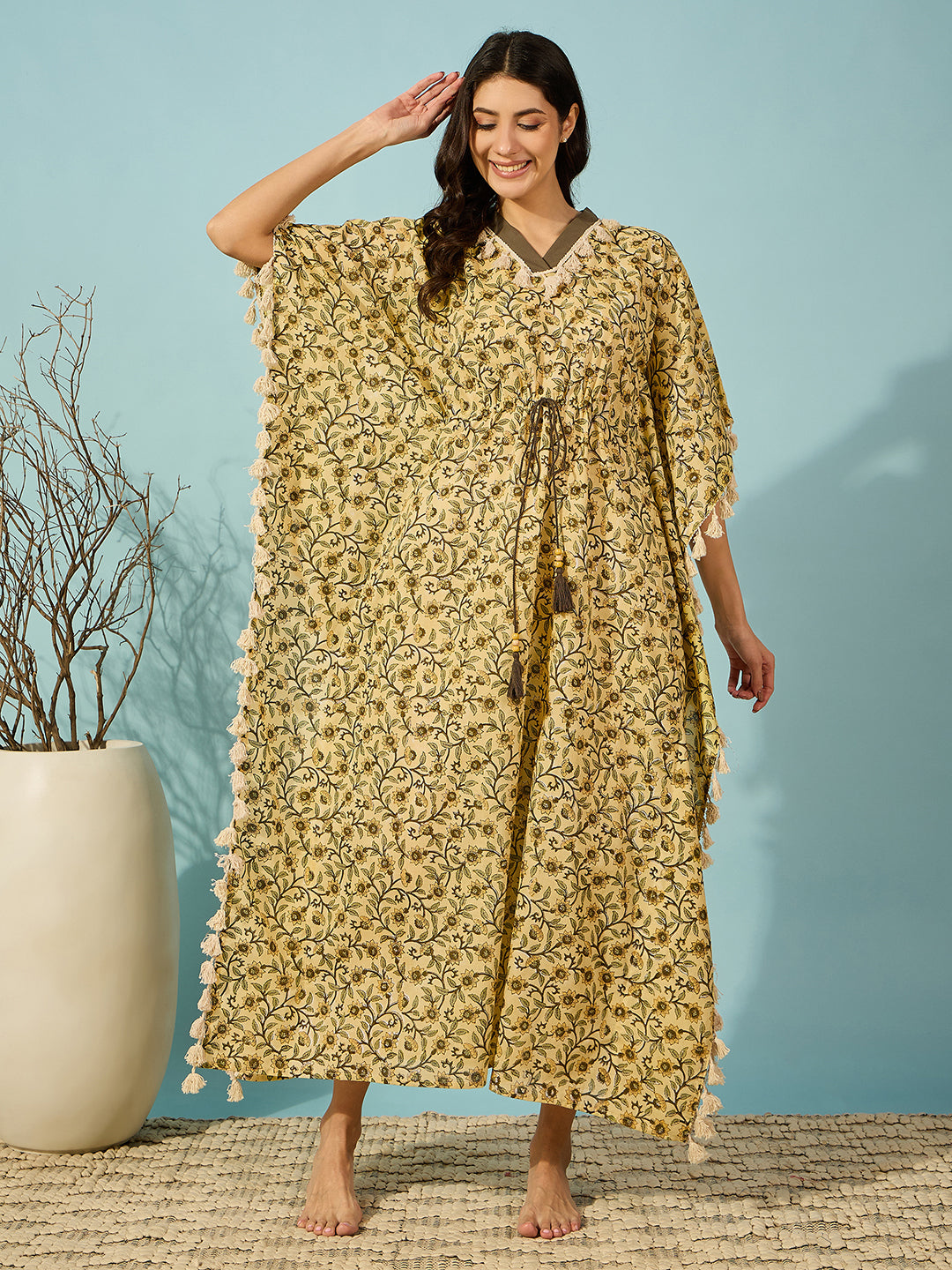 Women's Yellow Floral Hand Block Maxi Kaftan with Tassel Detail - Relaxed Fit and Elegant Style.
