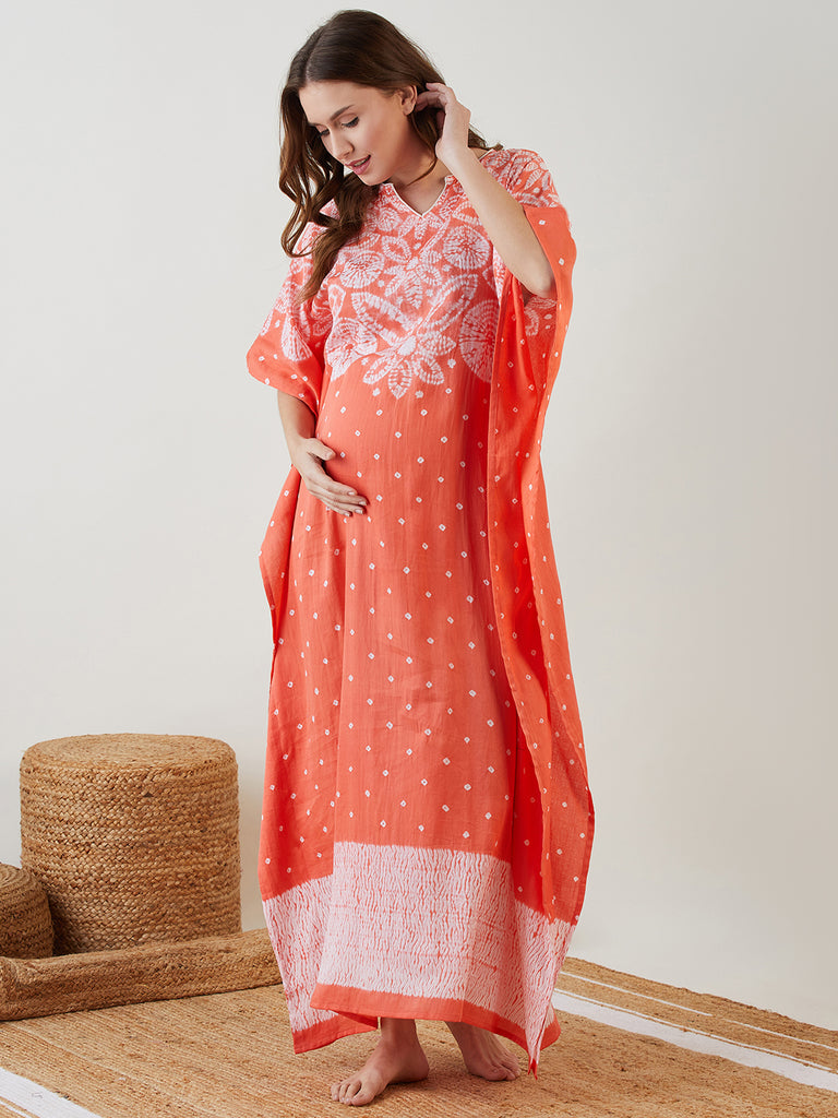 Peach Shibori Dyed Maternity Kaftan with Round neck Keyhole and  Pin tucks in the Back