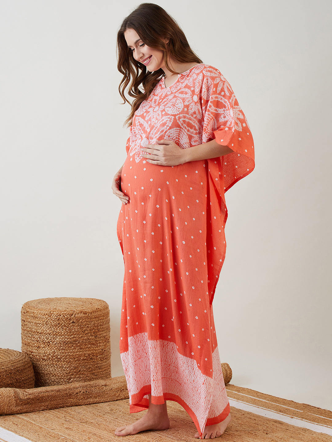 Comfortable and Stylish Peach Maternity Kaftan with Three Quarter Sleeves for Women
