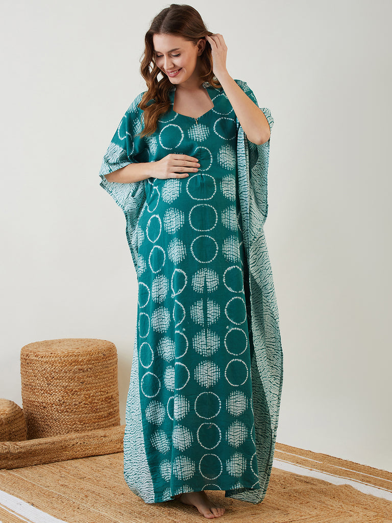 Green Shibori Dyed Maternity Kaftan with Laced Up collar and Zipper Feeding Option on shaped Neckline