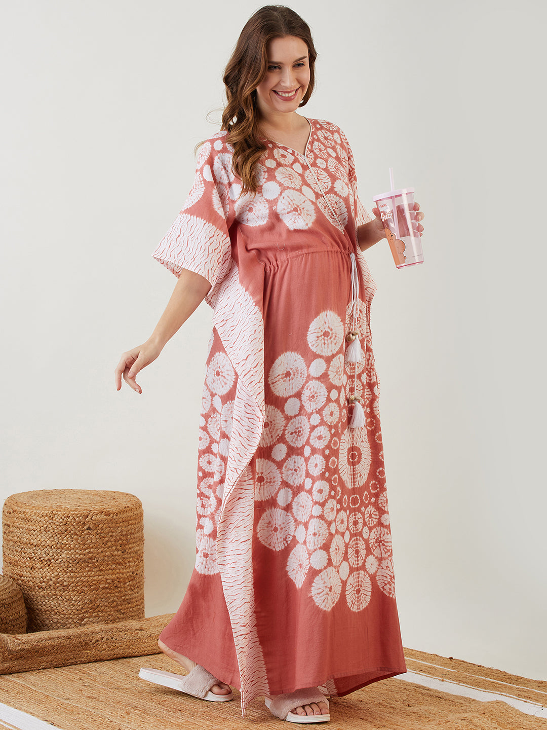 Brown tie-dye maternity and nursing kaftan for Women