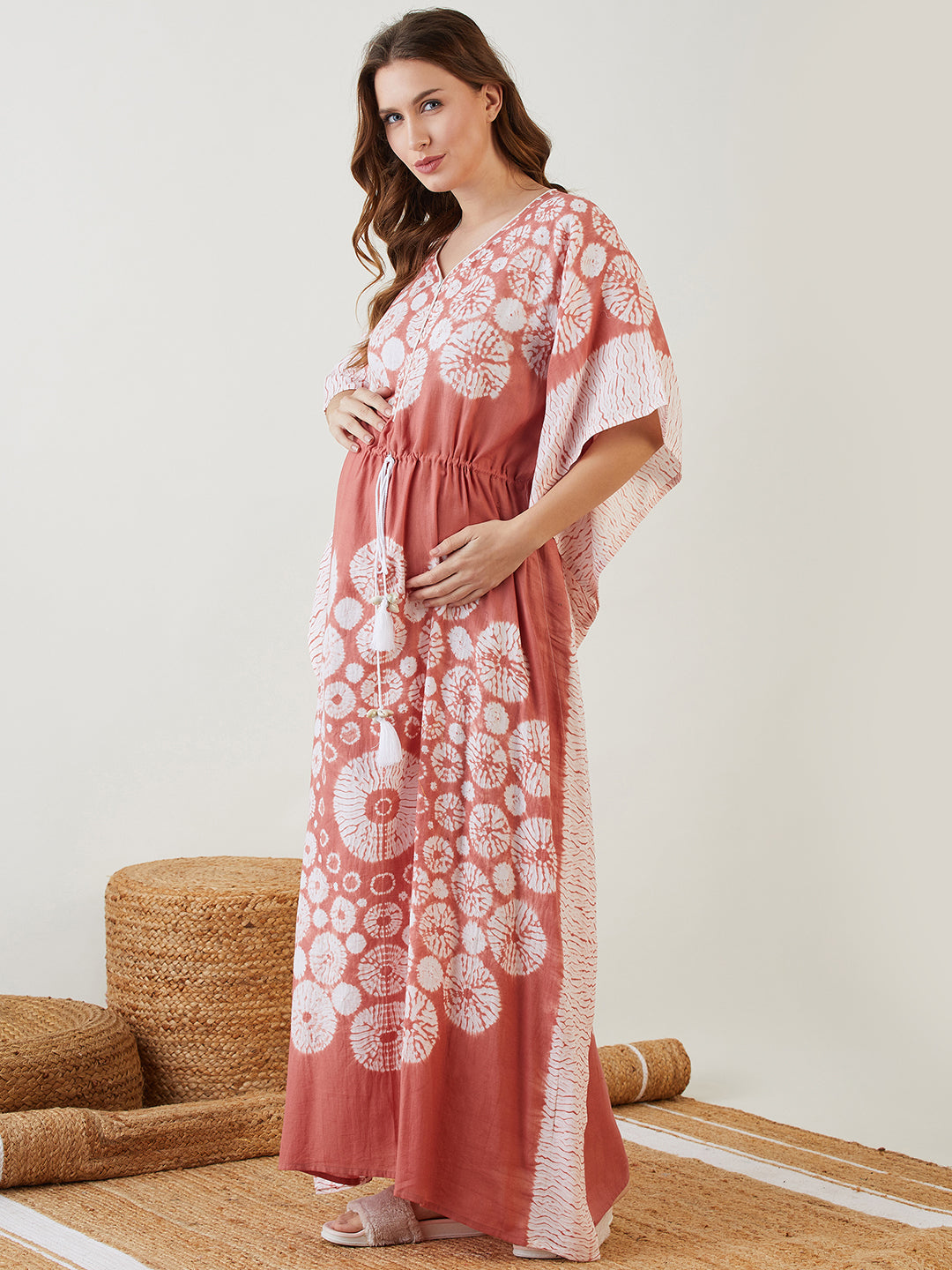 Women's brown tie-dye kaftan for maternity and nursing