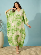 Relax in style with the soothing green tie-dye nightdress, featuring a delicate lace yoke for added elegance.
