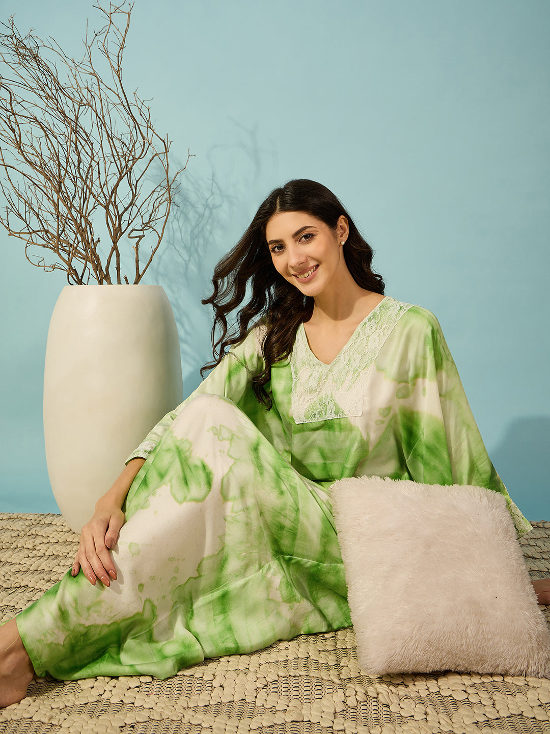 Chic green tie-dye nightdress with a lace yoke, offering a loose and comfortable fit for restful nights.
