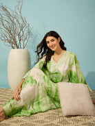 Chic green tie-dye nightdress with a lace yoke, offering a loose and comfortable fit for restful nights.
