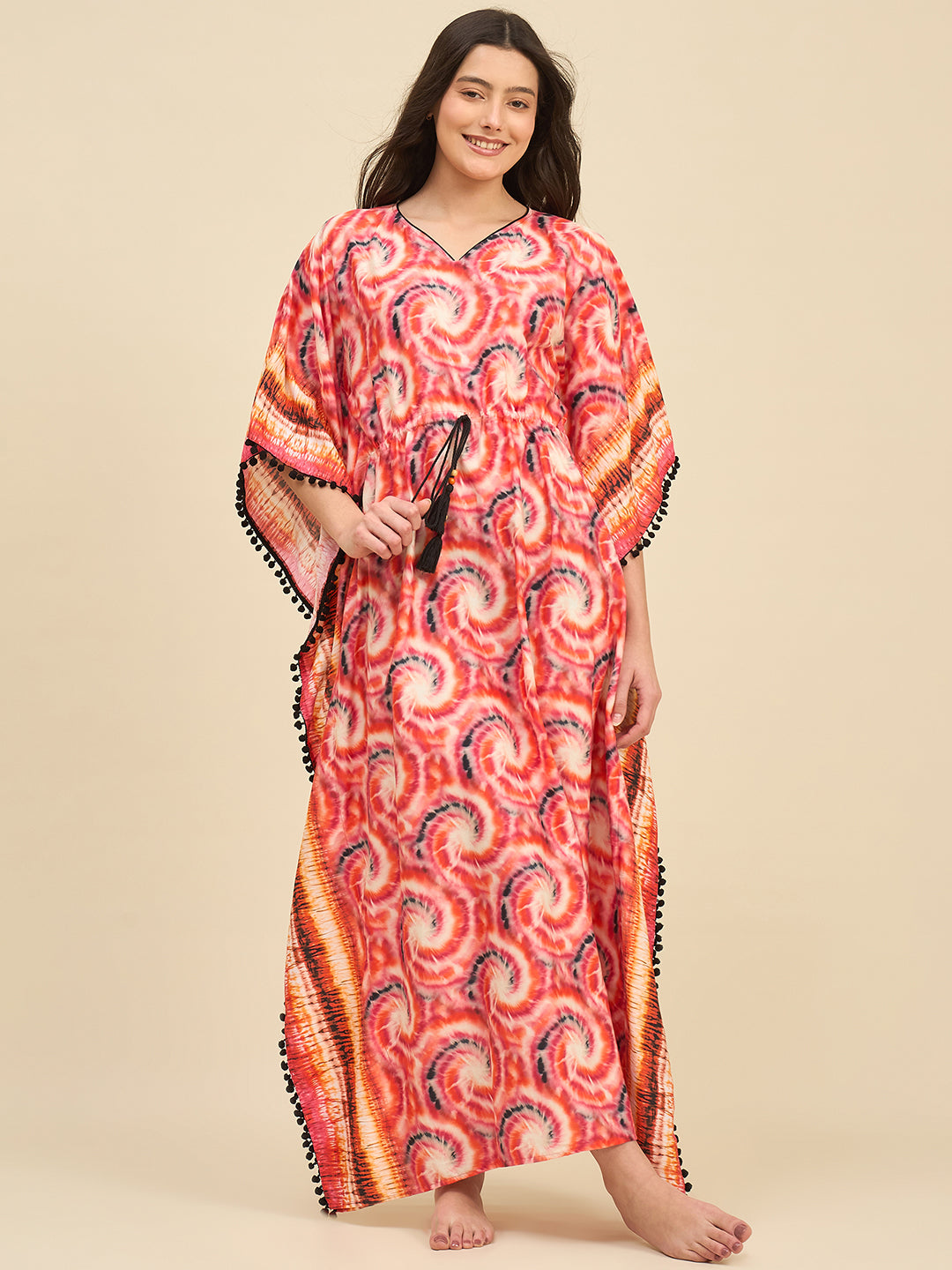 Women Red & Orange Printed Tie-Dye Cotton Kaftan with Pom-Pom Detailing by The Kaftan Company