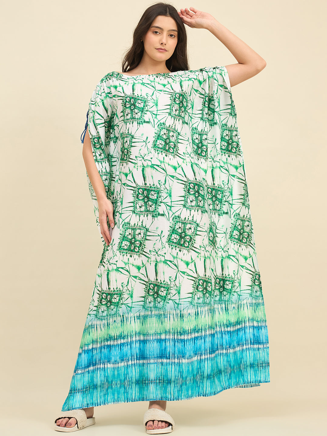 Women Sea Green & Blue Bamboo Pattern Tie-Dye Kaftan in Cotton by The Kaftan Company