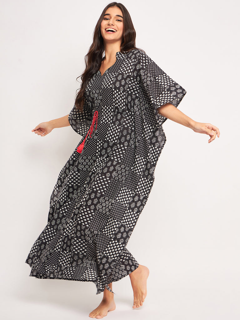 Black Patchwork Cotton Printed Kaftan