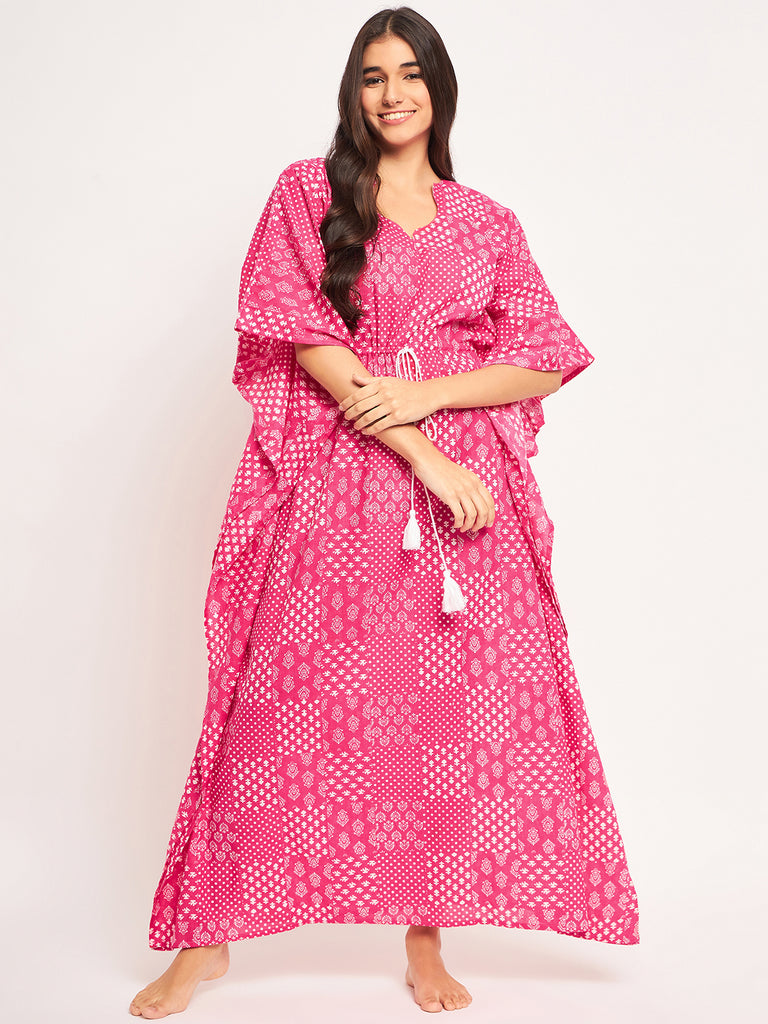 Pink Patchwork Geometric Cotton Printed Kaftan