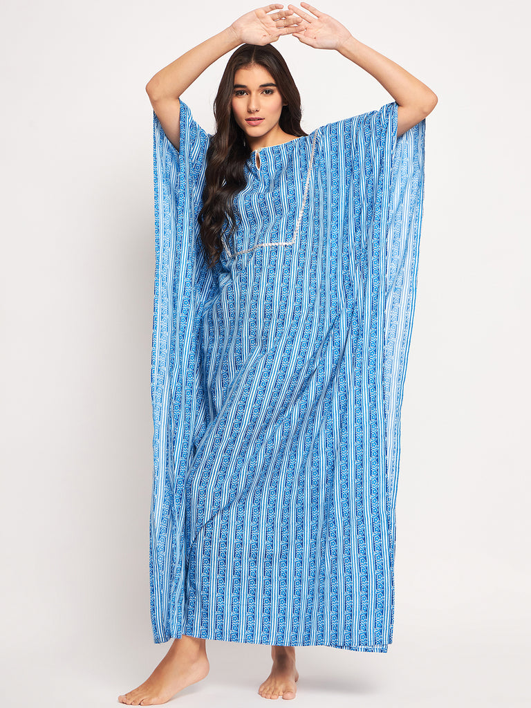 Blue Floral Lined Cotton Kaftan