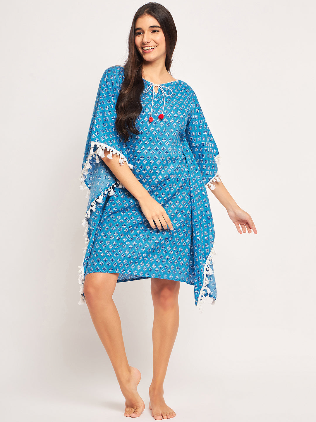 Women Blue Floral Block Printed Mini Kaftan Dress â‚¬€œ The Kaftan Company