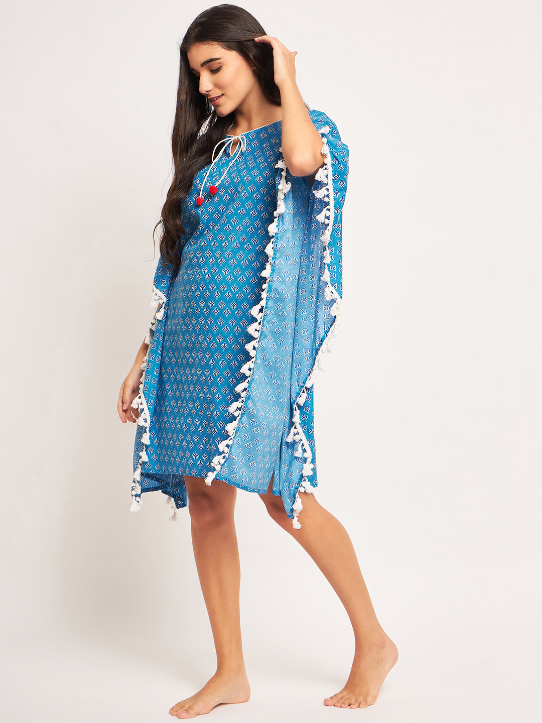 Women Blue Floral Block Printed Soft Cotton Short Kaftan Dress