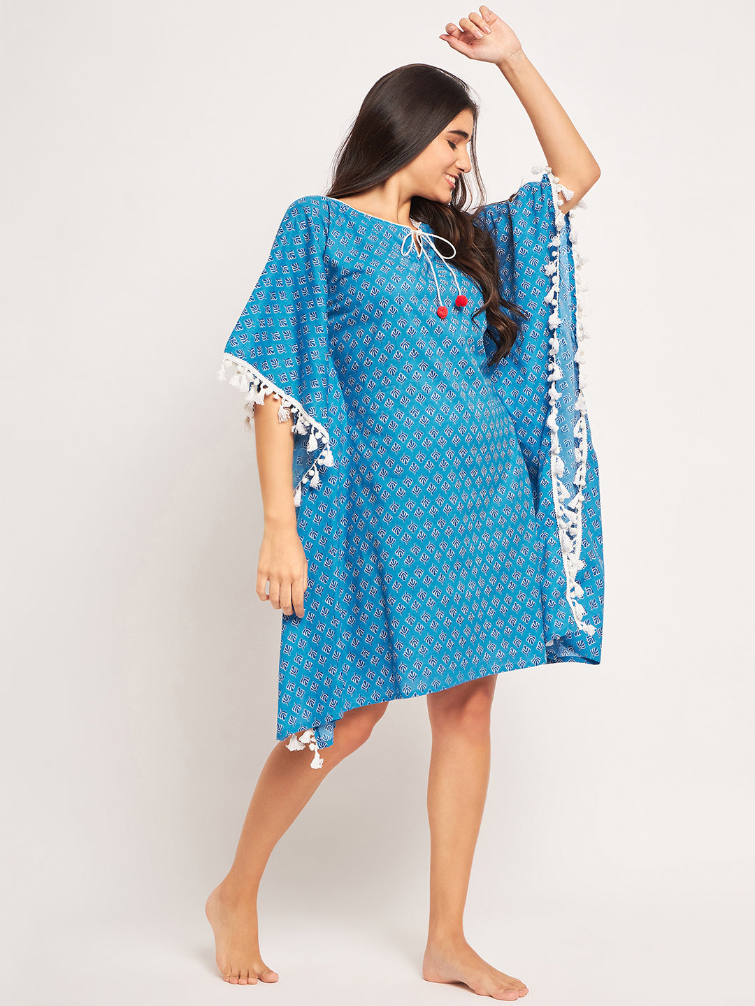 Blue Floral Block Printed Soft Cotton Modern Kaftan With Pom Pom Design