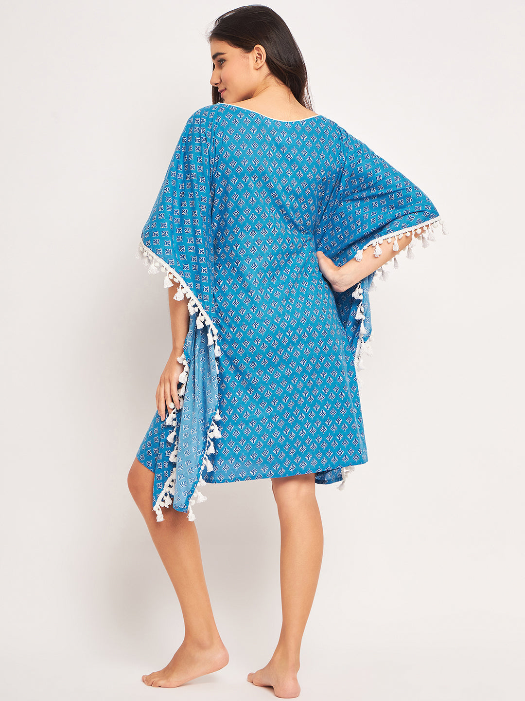 Blue Floral Block Printed Soft Cotton Round Neck Short Kaftan For Summer