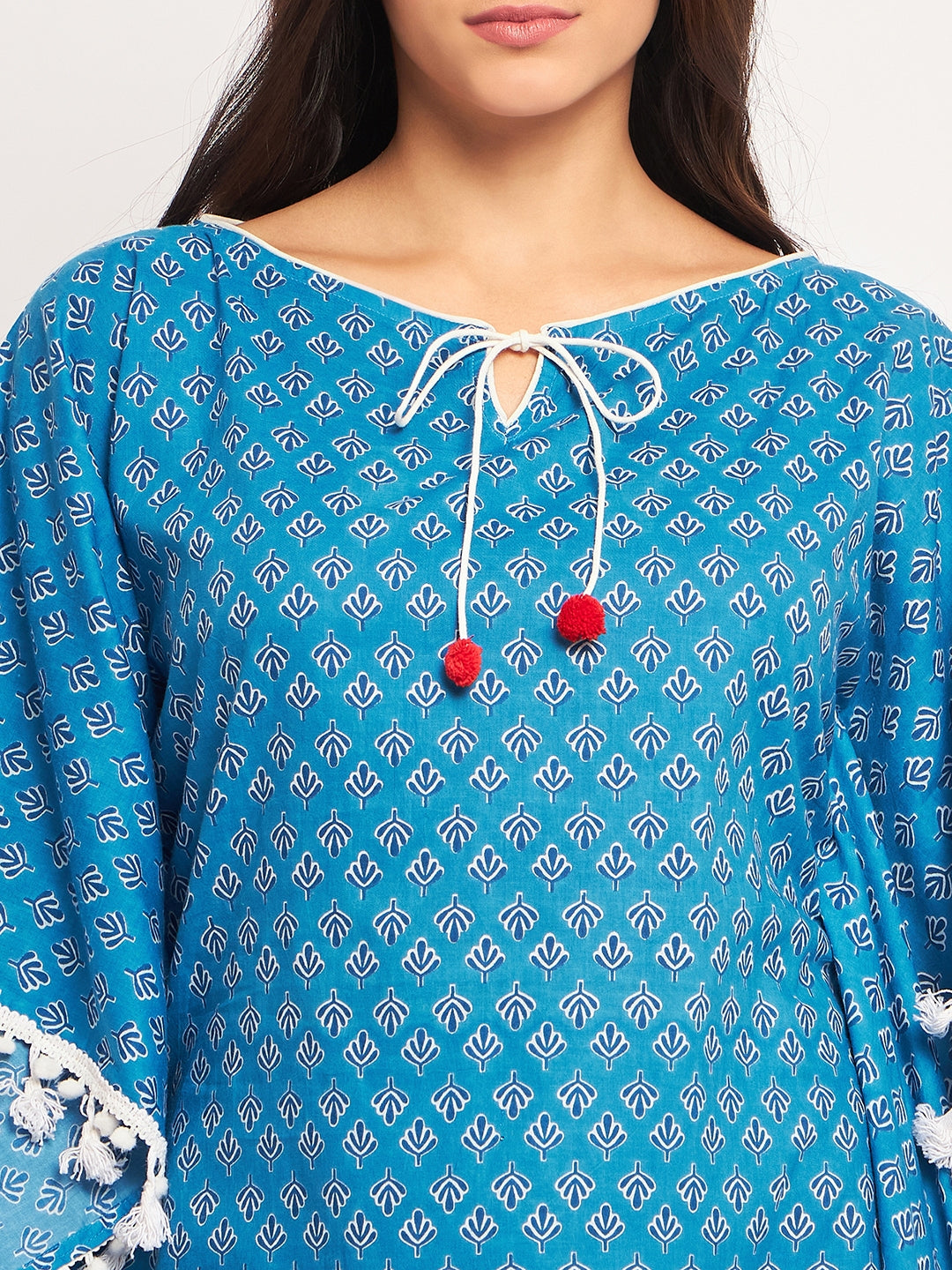 Blue Floral Block Printed Soft Cotton Mini Kaftan Dress For Women