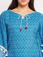 Blue Floral Block Printed Soft Cotton Mini Kaftan Dress For Women