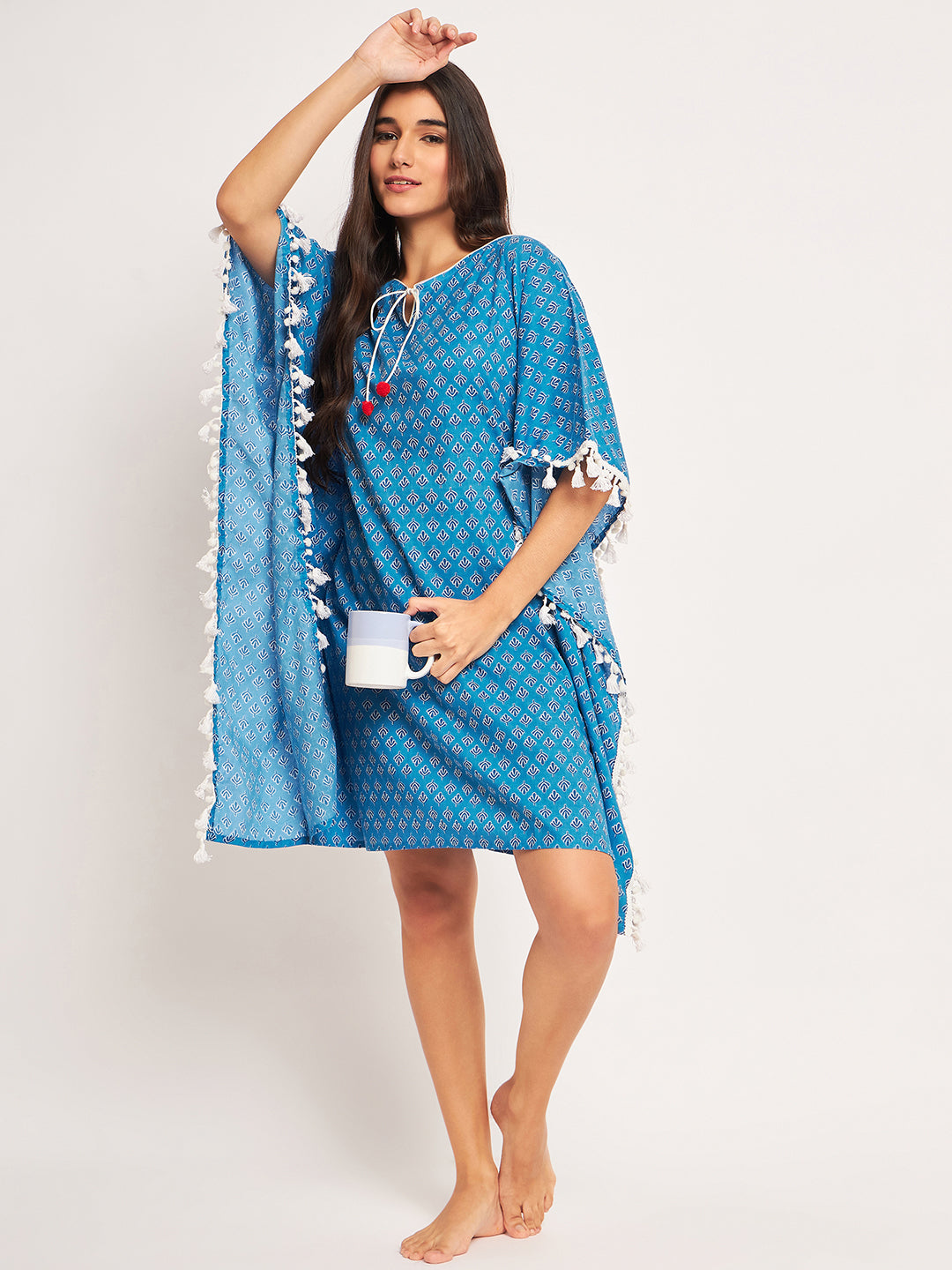 Blue Floral Block Printed Soft Cotton Summer Special Mini Kaftan Dress For Women