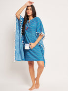 Blue Floral Block Printed Soft Cotton Summer Special Mini Kaftan Dress For Women