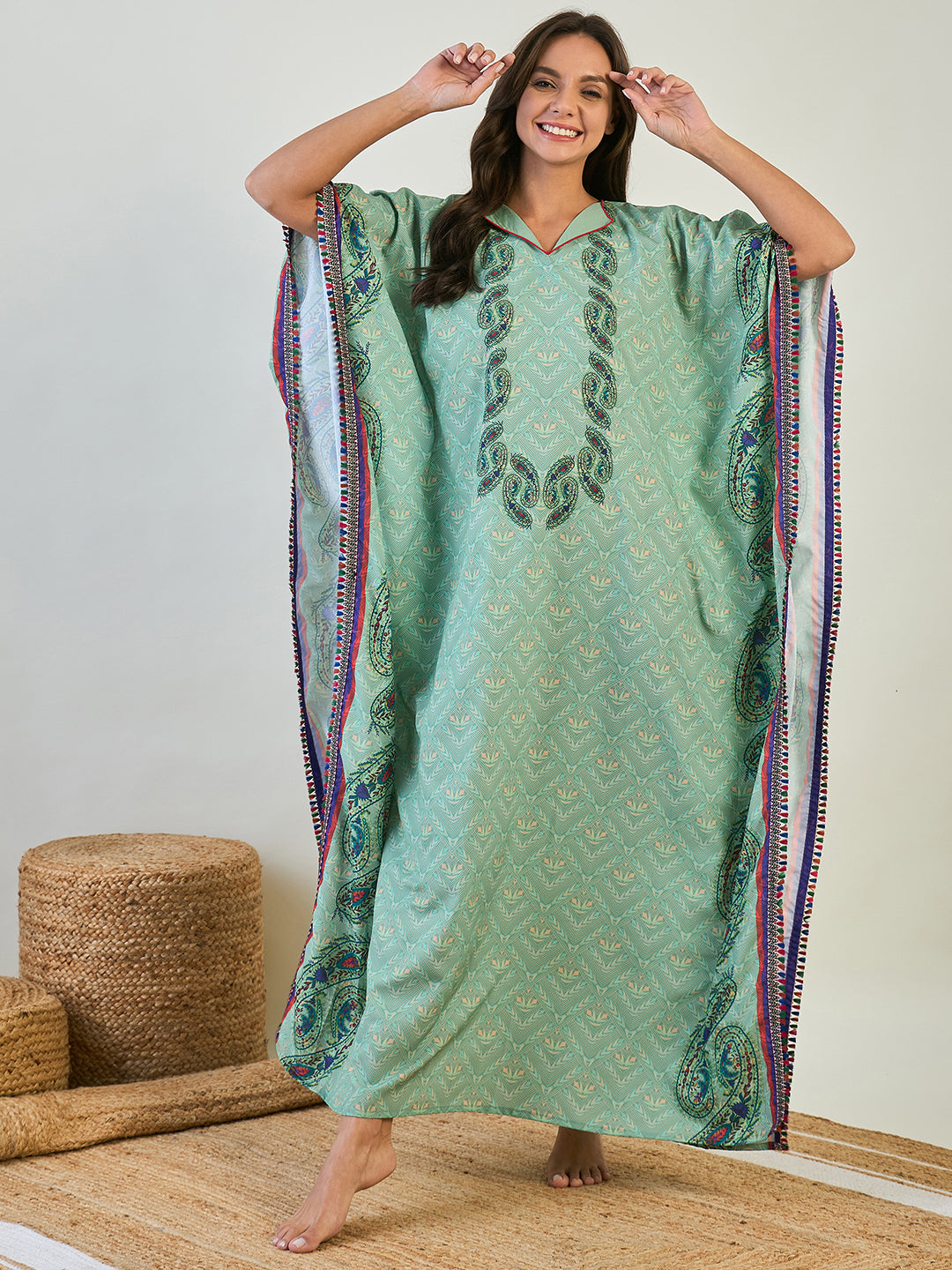 Women Green Paisley Maxi Kaftan Style Gown â€“ The Kaftan Company 