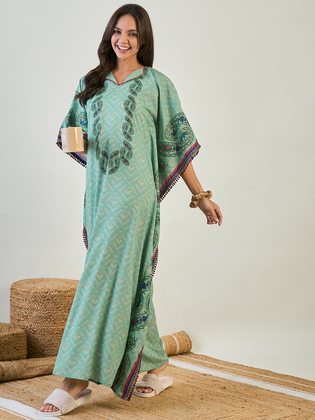 Women Green Paisley V Neck Maxi Kaftan Nighty