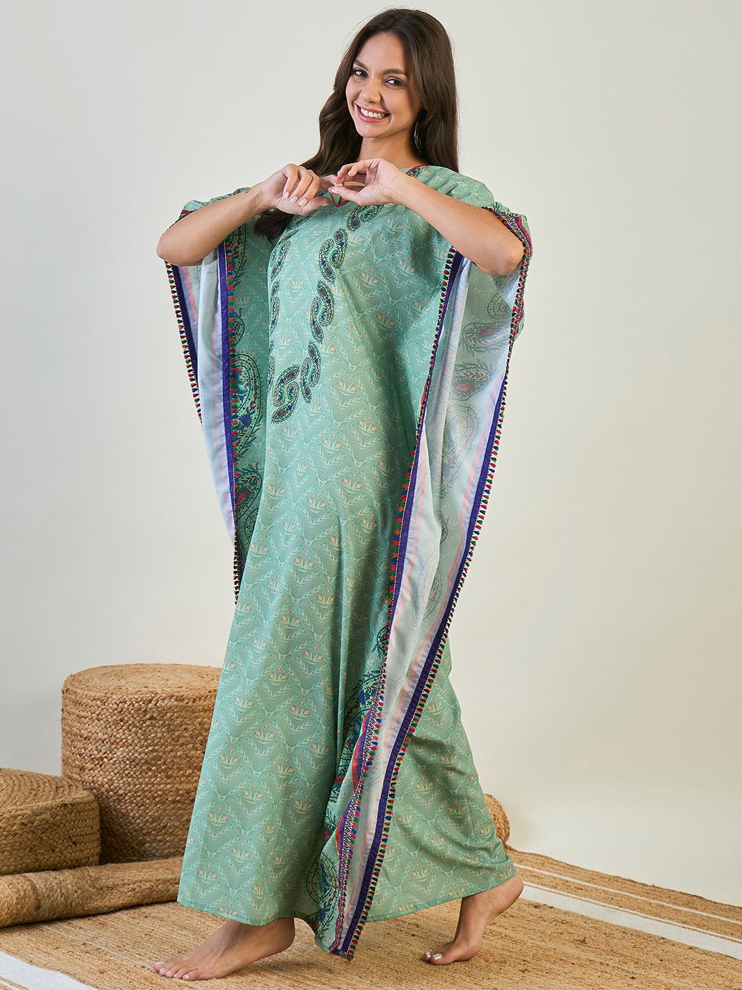 Women Green Paisley V Neck Maxi Kaftan Sleepwear