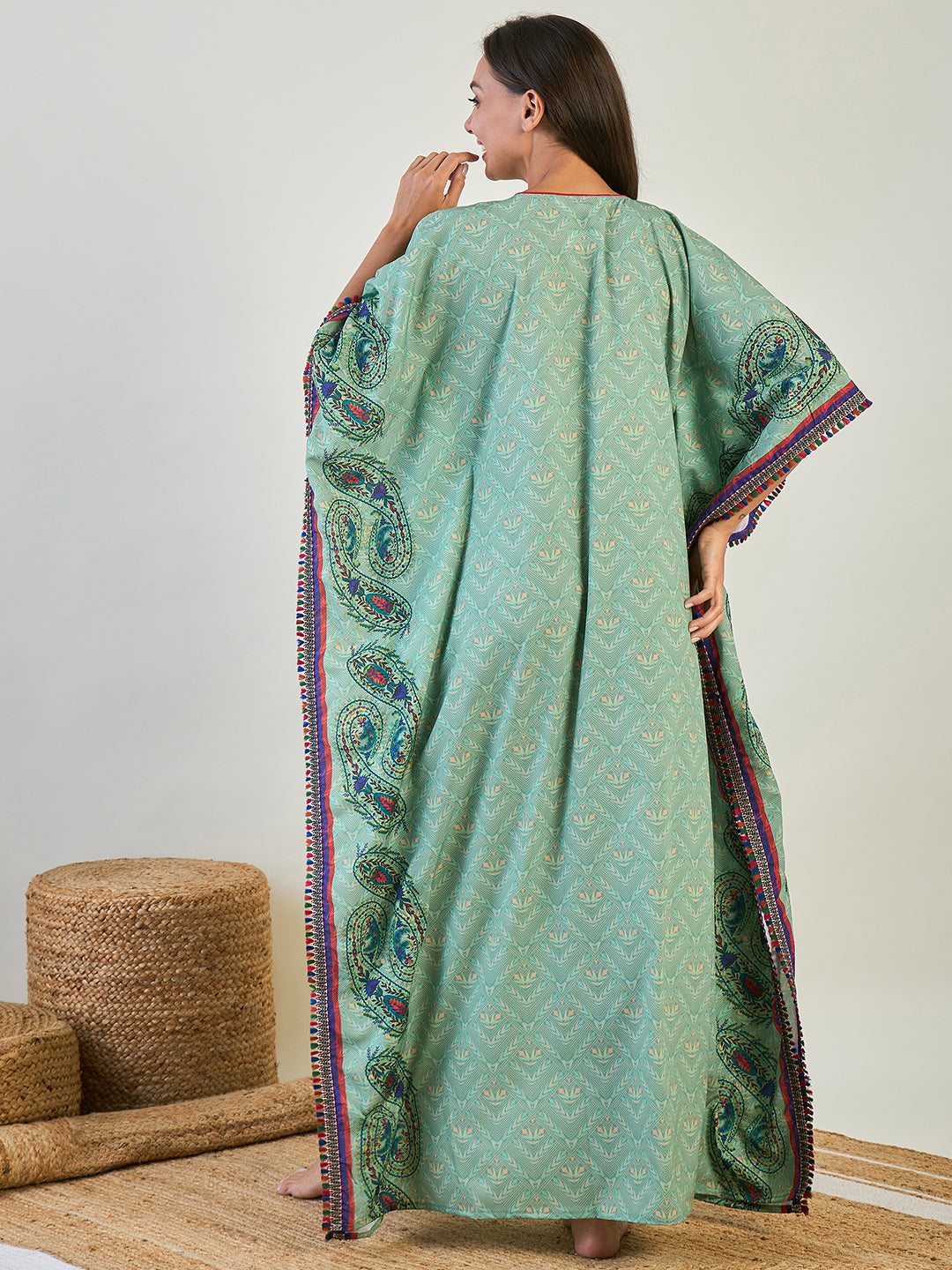 Women Green Paisley V Neck Maxi Kaftan Nightdress