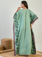 Women Green Paisley V Neck Maxi Kaftan Nightdress