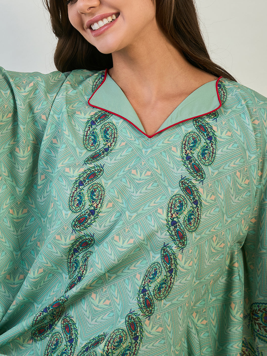Women Green Paisley V Neck Maxi Kaftan Loungewear