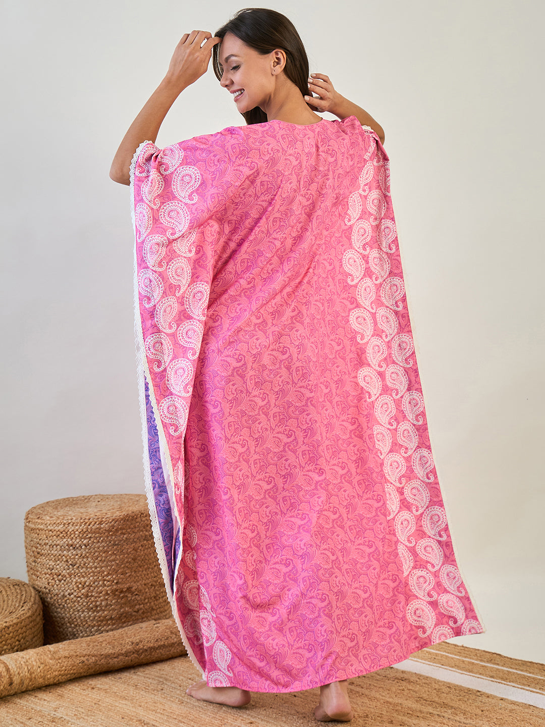 Women Pink Paisley Sleepwear Comfy Kaftan Nighty