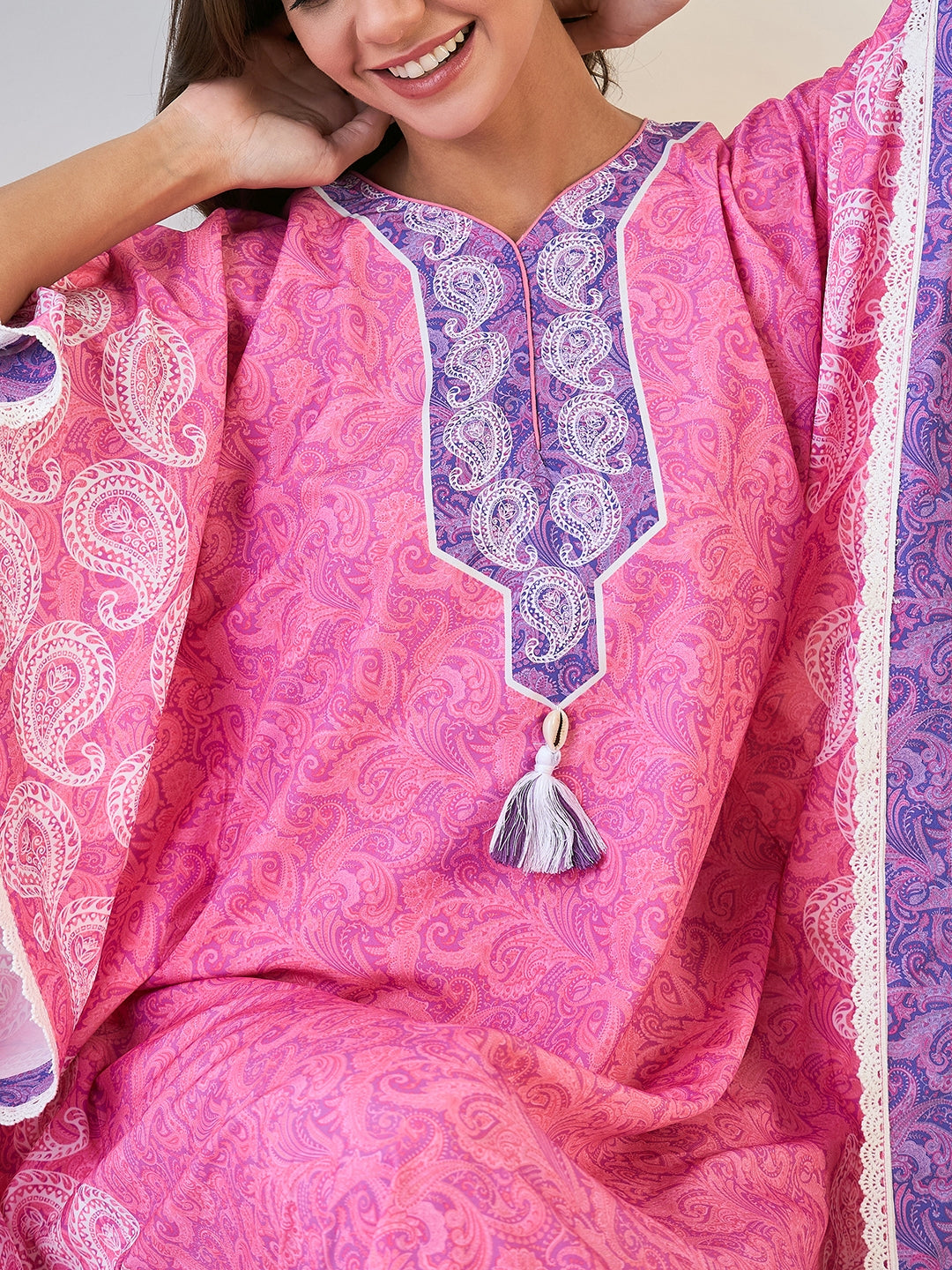 Women Pink Paisley Comfortable Maxi Kaftan Gown