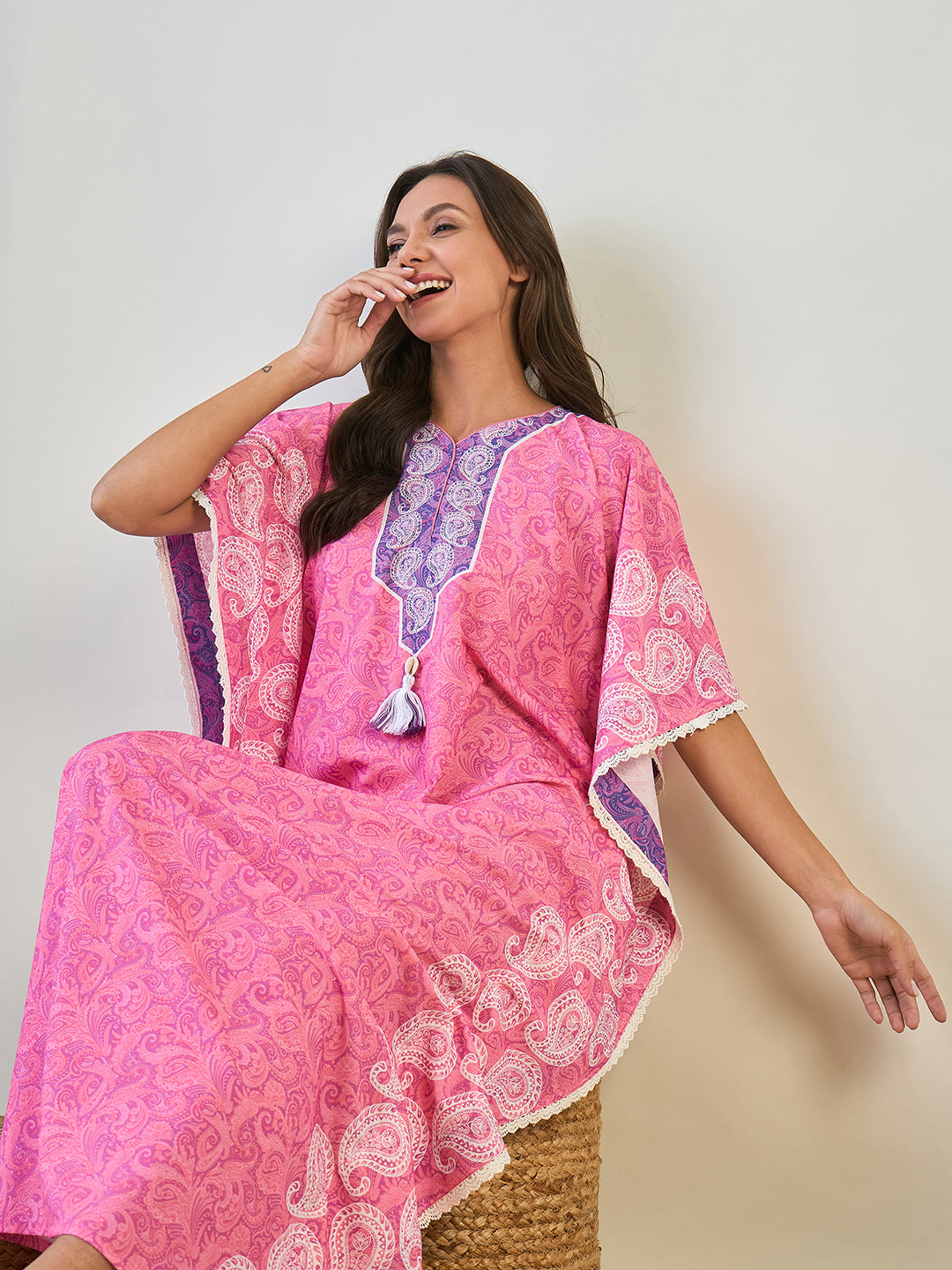 Women Pink Paisley Comfortable Maxi Kaftan Night Gown
