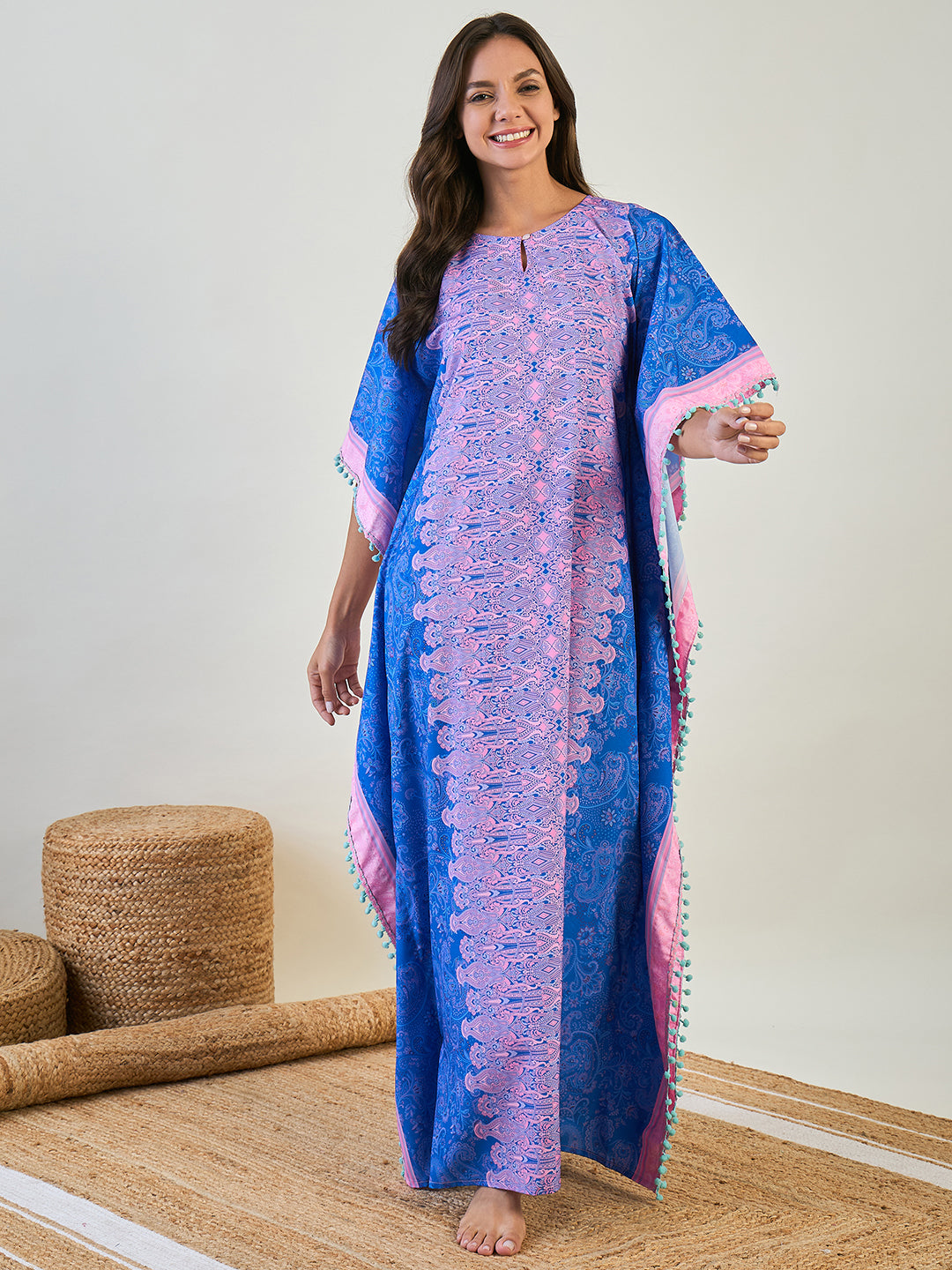 Buy Women Blue Paisley Border Kaftan Nighty With Pom Pom Lace â‚¬€œ The Kaftan Company