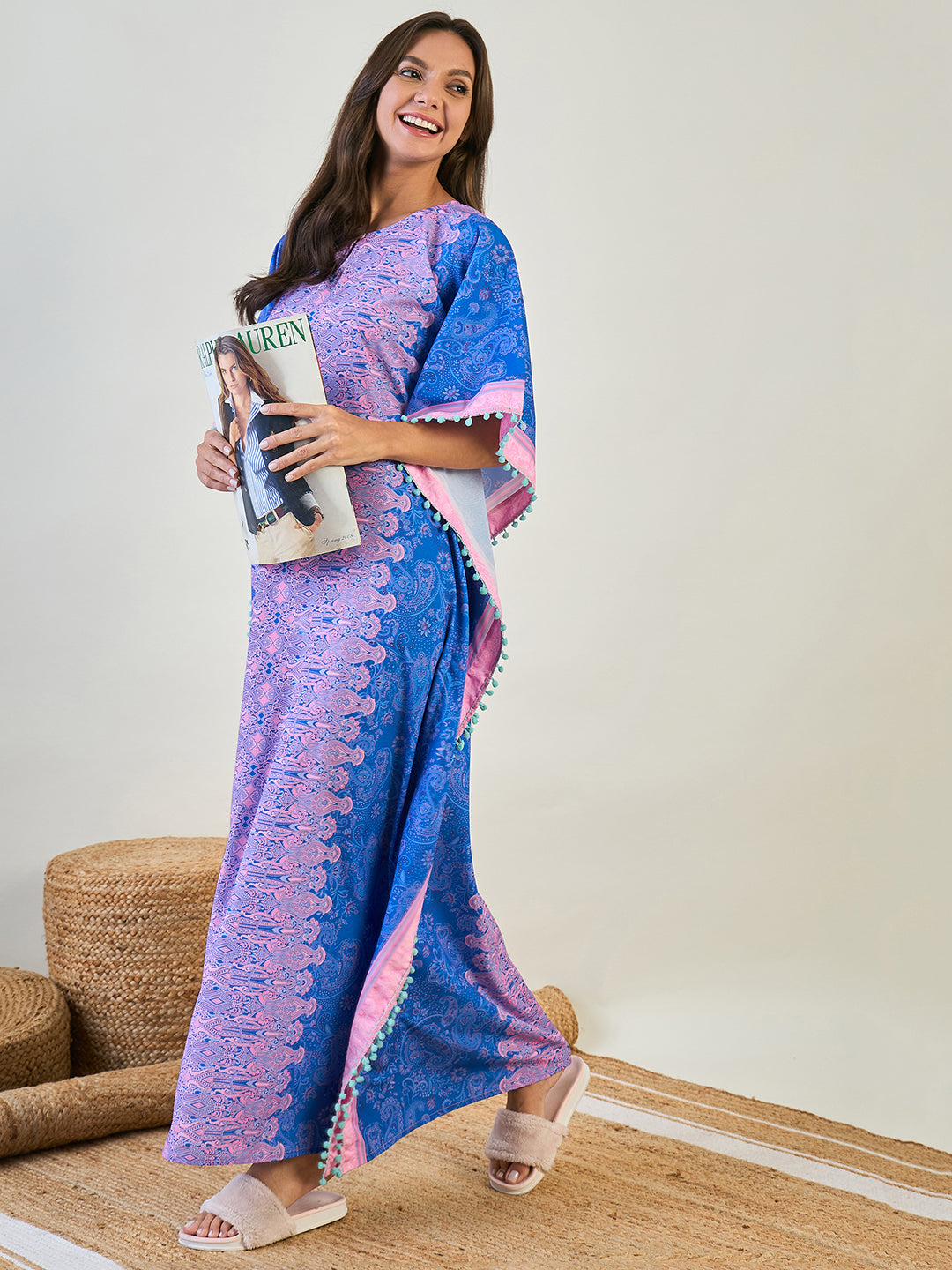 Women Blue Paisley Border The Kaftan Company Nighty With Pom Pom Lace 