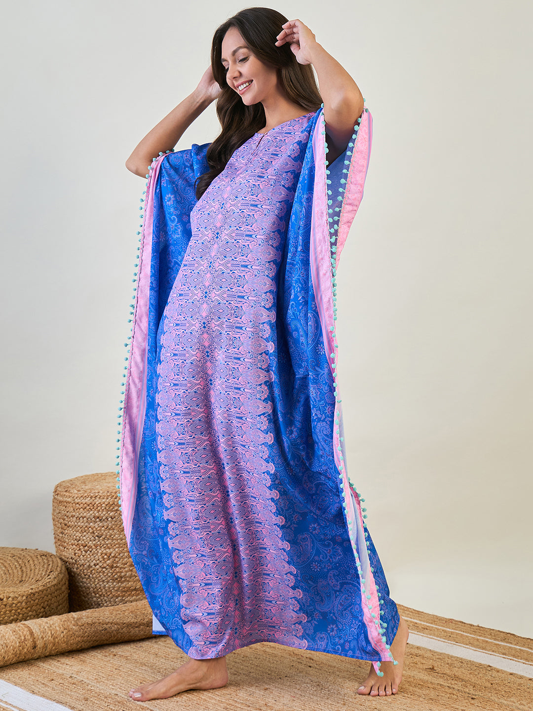 Women Blue Paisley Border Kaftan Style Night Gown