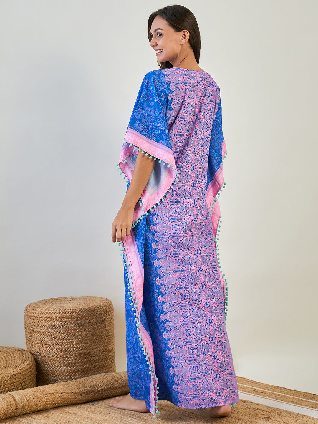 Women Blue Paisley Border Stylish Kaftan Sleepwear