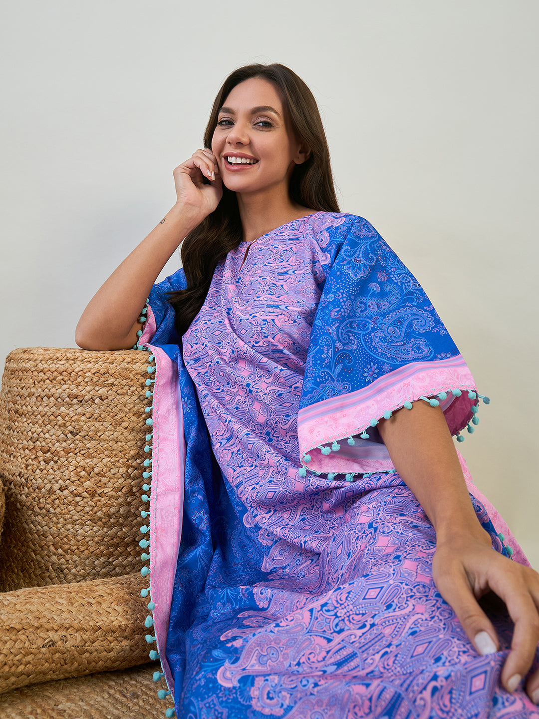 Women Blue Paisley Border Stylish Kaftan Loungewear