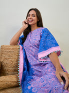 Women Blue Paisley Border Stylish Kaftan Loungewear