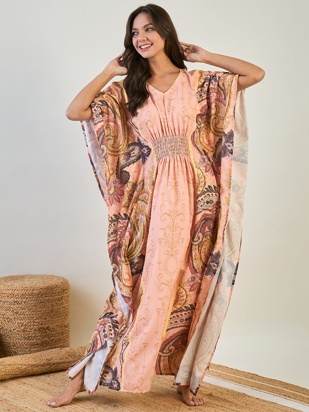 Women Peach Long Kaftan Gown With Smocked Waistline â‚¬€œ The Kaftan Company