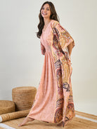 Women Peach Long V Neck Kaftan Sleepwear With Smocked Waistline 