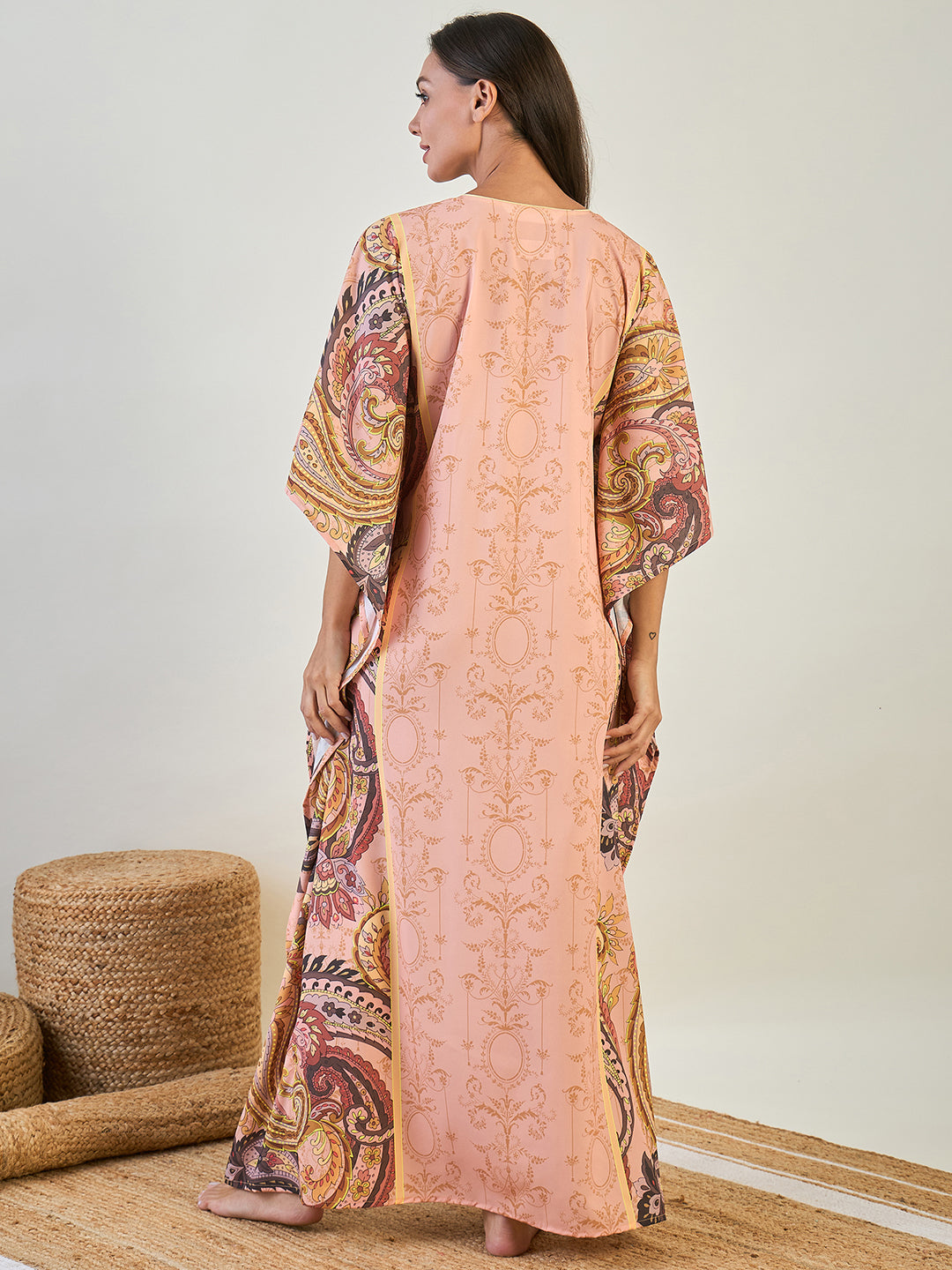 Women Peach Long V Neck Kaftan Nightwear With Smocked Waistline 