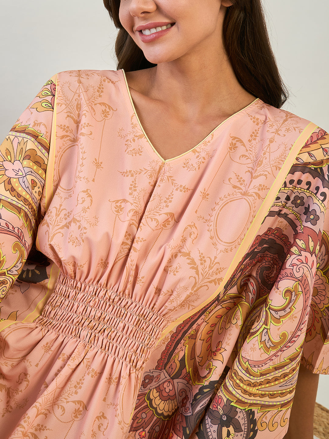 Women Peach Long V Neck Stylish Kaftan Nightdress With Smocked Waistline 
