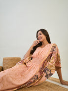 Women Peach Long V Neck Stylish Kaftan Loungewear With Smocked Waistline 