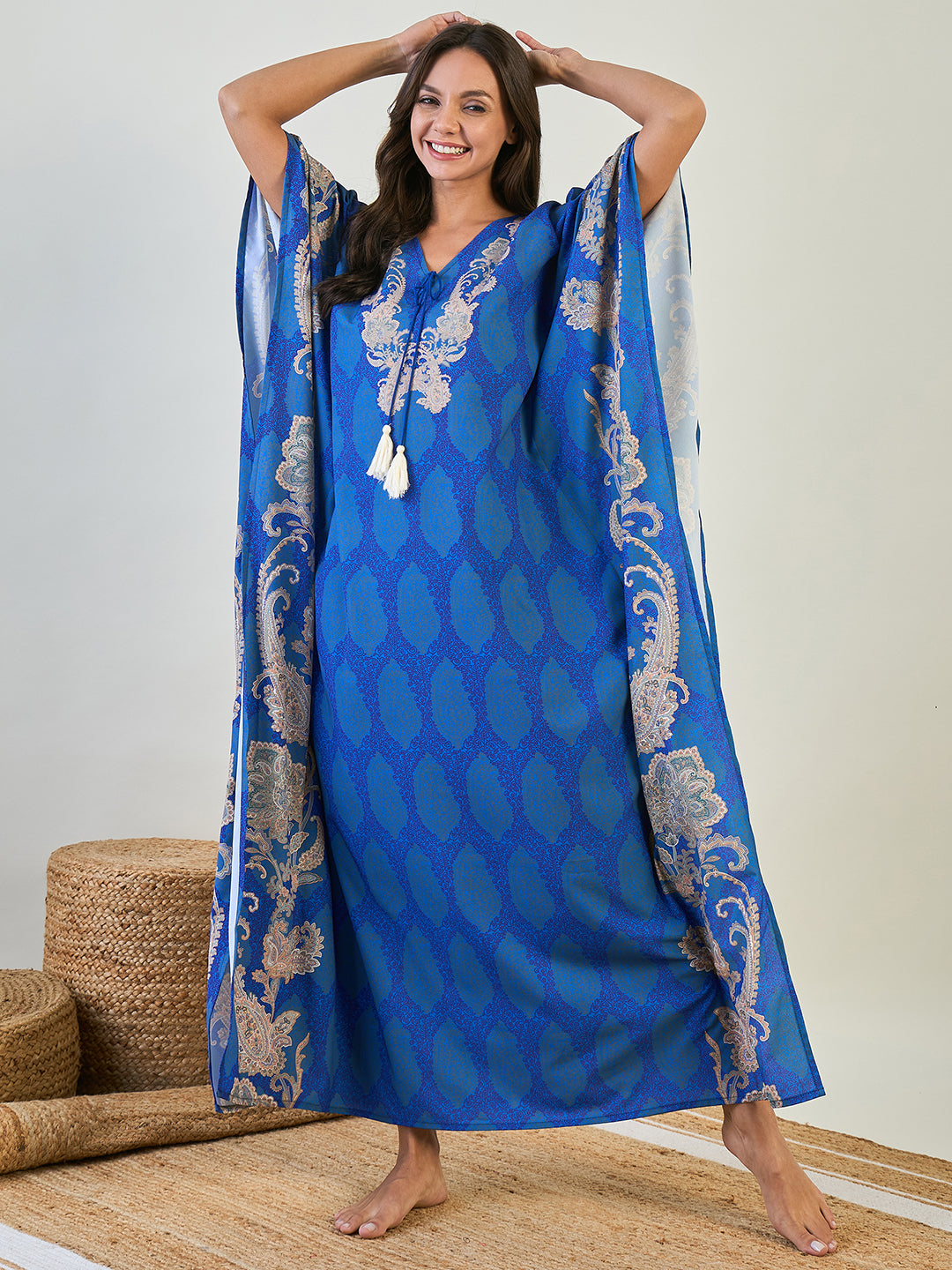 Women Royal Blue Paisley Border V Neck Kaftan Night Dress â‚¬€œ The Kaftan Company