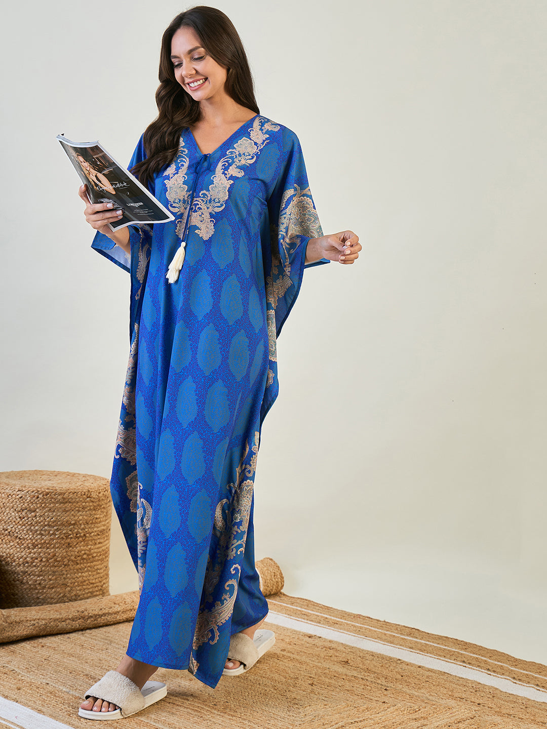 Women Royal Blue Paisley Border V Neck Kaftan Loungewear Dress