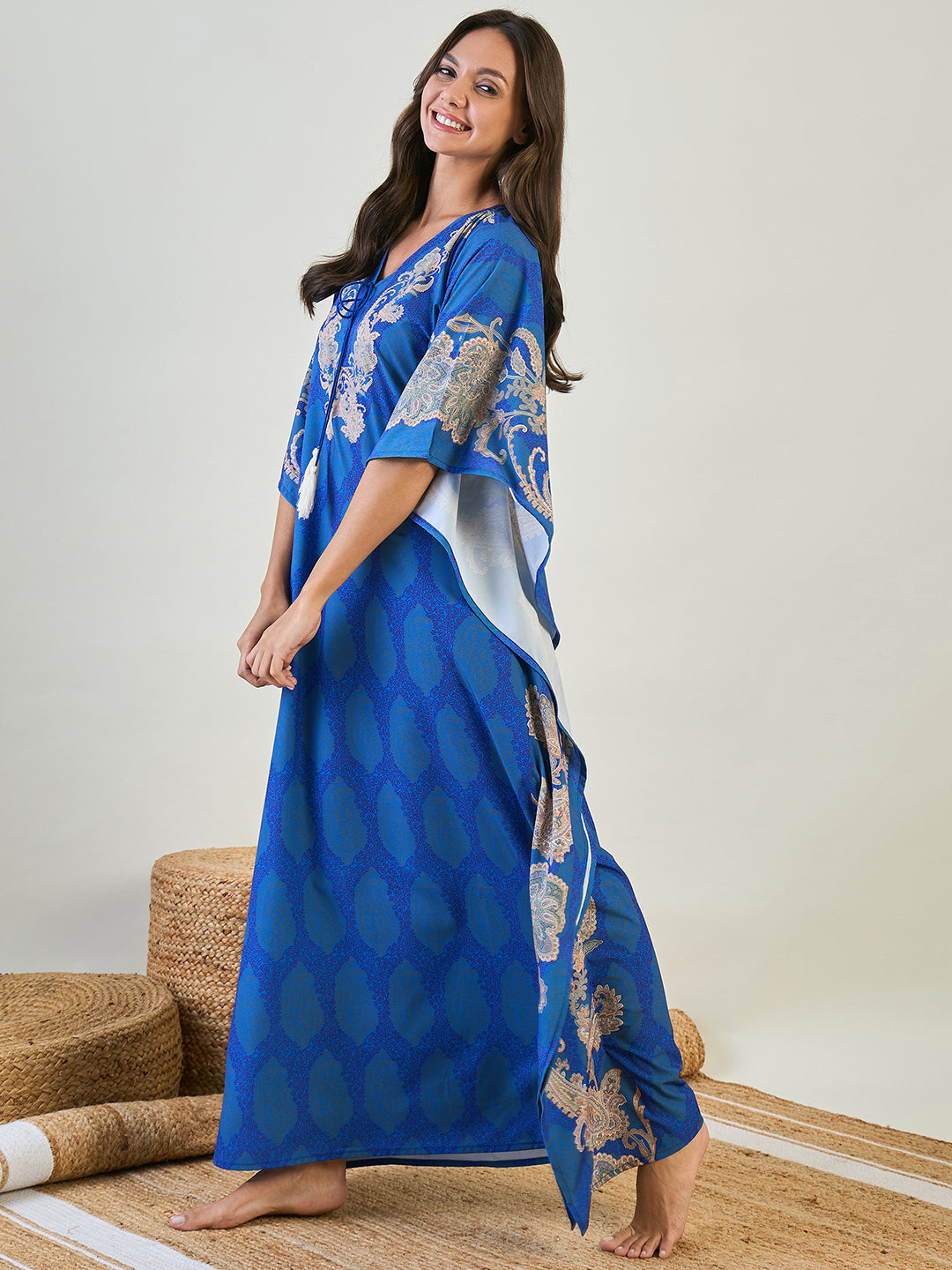 Women Royal Blue Paisley Border V Neck Kaftan Sleepwear Dress