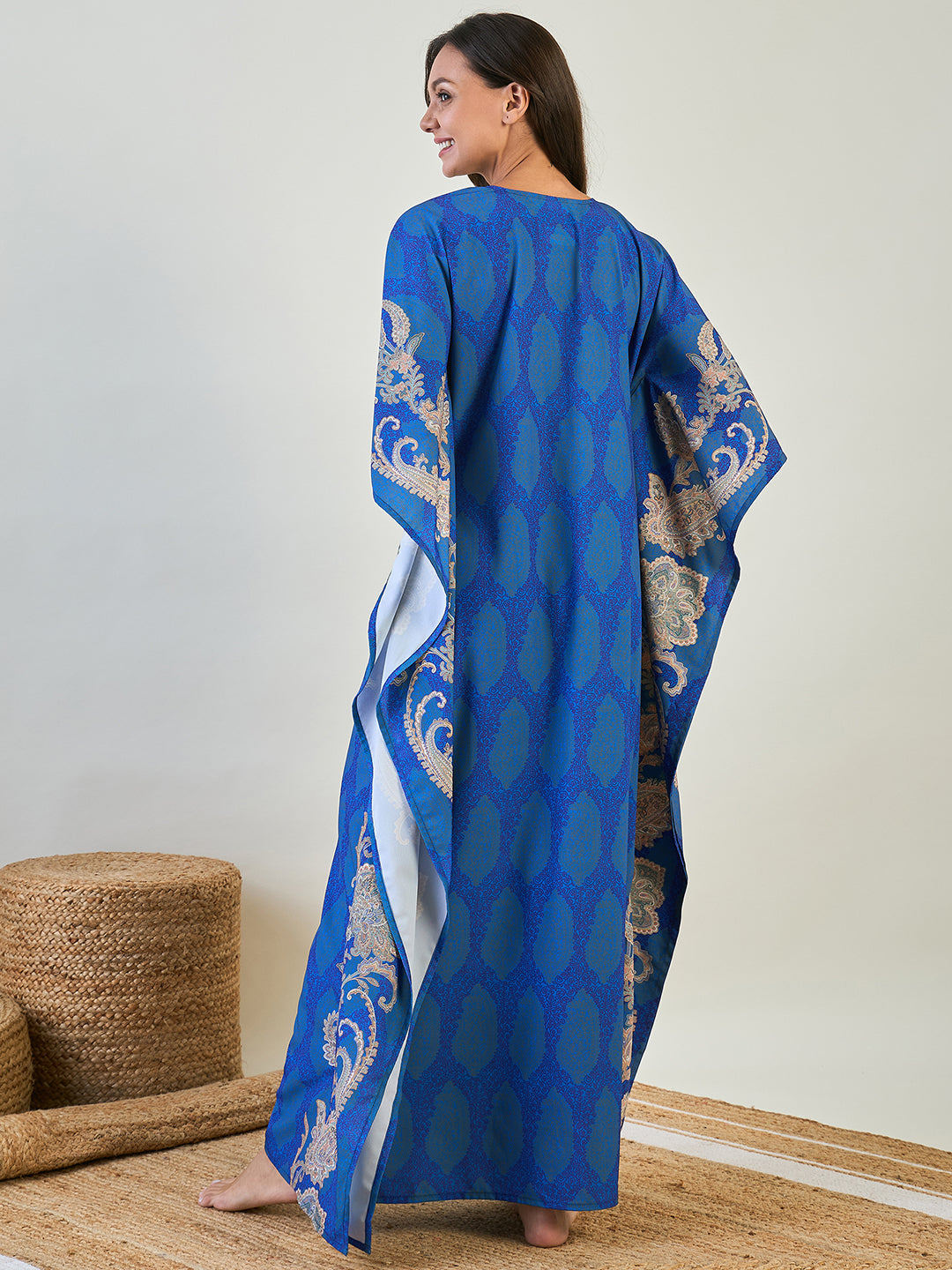 Women Royal Blue Paisley Border V Neck Kaftan Nighty
