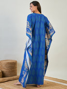 Women Royal Blue Paisley Border V Neck Kaftan Nighty