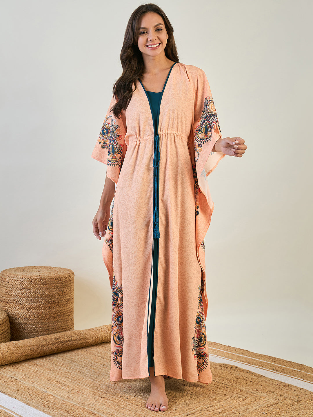 Women Peach Paisley Kaftan Nighty With Blue Inner Slip | The Kaftan Company